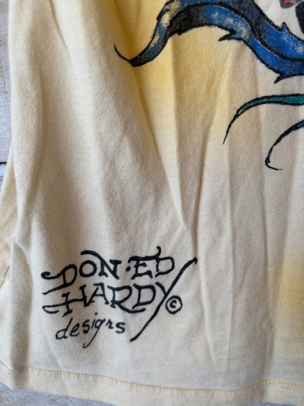 Ed Hardy Yellow Tee with Black Graphic and Rhinestones - Picture 9 of 11